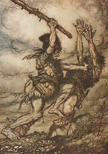 Fafner kills his brother Fasolt to get the powerful ring for himself.Illustration to Richard Wagner's Das Rheingold. — Arthur Rackham