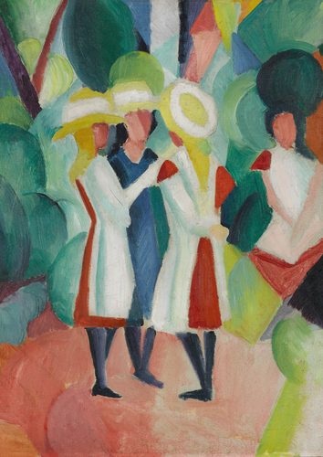 German:  Drei Mädchen mit gelben Strohhüten I Three girls in yellow straw hats I — August Macke