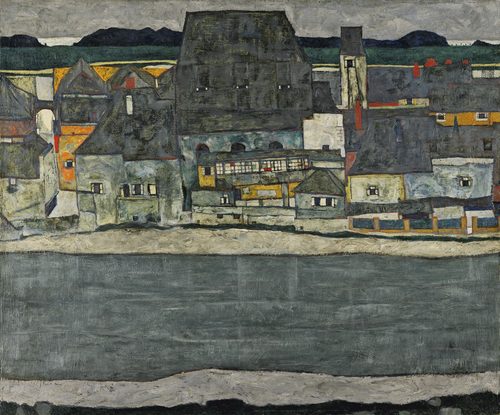 German: Häuser am Fluss (Die alte Stadt II) Houses on the River (The Old Town) — Egon Schiele