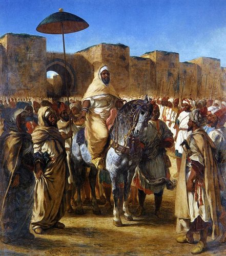 French:  Moulay Abd-er-Rahman, Sultan du Maroc, sortant de son palais de Meknes, entouré de sa garde et de ses principaux officiers.Muley-Abd-Err-Rahmann, sultan du Maroc sortant de son palais de Mequinez — Eugène Delacroix
