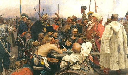 Russian:  «Запорожцы»The Zaporozhian Cossacks write a letter to the Sultan of Turkey — Ilya Repin