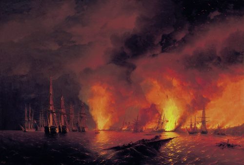 Russian:  «Синопский бой 18 ноября 1853 года (Ночь после боя)»The Battle of Sinop on 18 November 1853 (Night after Battle). — Ivan Aivazovsky