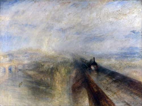 Rain, Steam and Speed – The Great Western Railway; the painting depicts an early locomotive of the Great Western Railway crossing the River Thames on Brunel's recently completed Maidenhead Railway Bridge.The painting is also credited for allowing a glimpse of the Romantic strife within Turner and his contemporaries over the issue of the technological advancement during the Industrial Revolution (see below). — J.M.W. Turner