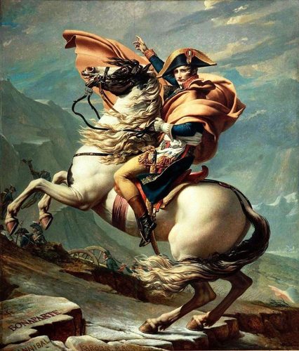 French:  Bonaparte franchissant les Alpes au Grand-Saint-Bernard Napoleon Crossing the Alps — Jacques-Louis David
