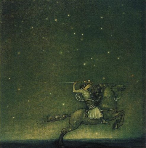 "Once upon a time there was a prince riding in the moonlight" is the caption to this image by John Bauer when it was printed in Helena Nyblom's fairy tale "The Ring" — John Bauer