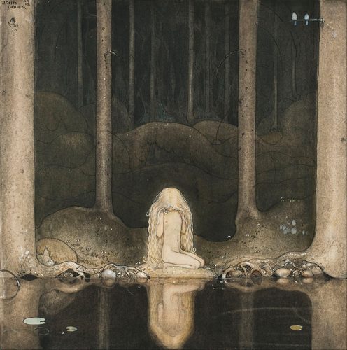 Princess Tuvstarr gazing down into the dark waters of the forest tarn. — John Bauer