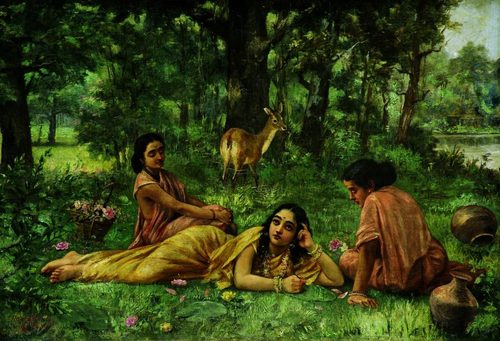 Raja Ravi Varma's Painting of Sakunthala writing letter to Dushyantan after she fall in love with him — Raja Ravi Varma