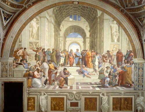 Italian:  Scuola di Atene The School of Athens — Raphael