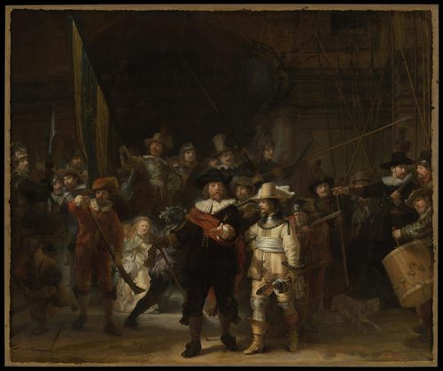 Dutch:  Officieren en andere schutters van wijk II in Amsterdam, onder leiding van kapitein Frans Banninck Cocq en luitenant Willem van Ruytenburch, bekend als ‘De Nachtwacht’ The Night Watch — Rembrandt